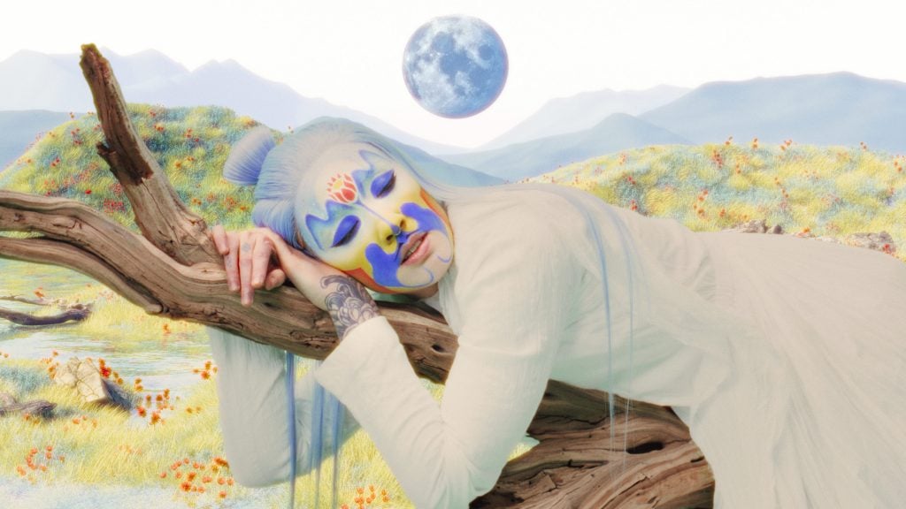 a person with face paint lies on a tree branch in a surrealistic nature scene and the earth is visible in the background