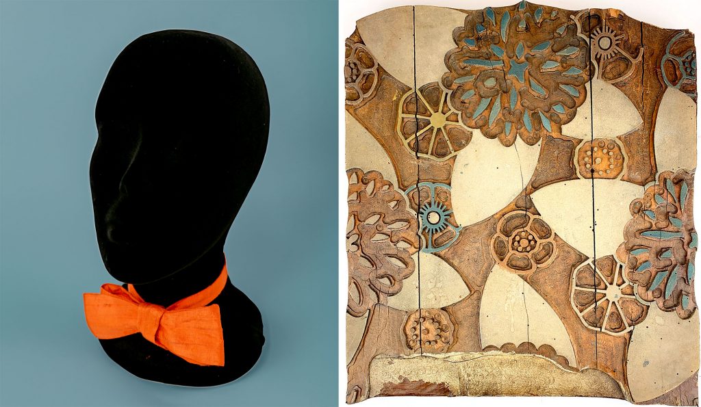 Left: David Hockney's silk red bow tie, $8,500. Right: Sonia Delaunay fabric printing mold (ca. 1924), $6,000. 