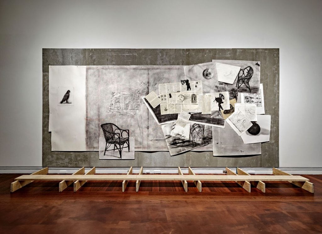 Installation view of William Kentridge's "That which we do not remember" at Art Gallery of South Australia, 2019, including <em>Drawings for 7 Fragments for Georges Méliès</em>, <em>Day for Night</em> and <em>Journey to the Moon</em> (2003).