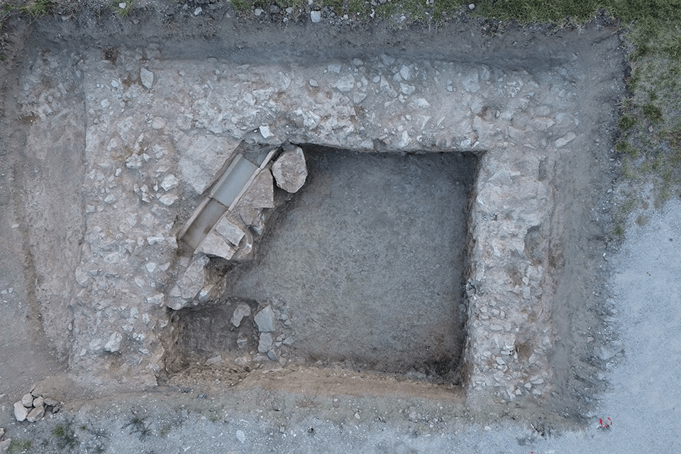 An aerial view of the inside walls of the ancient Roman temple discovered in Spello, Italy. Photo by Luca Primavesi, Spello Project.