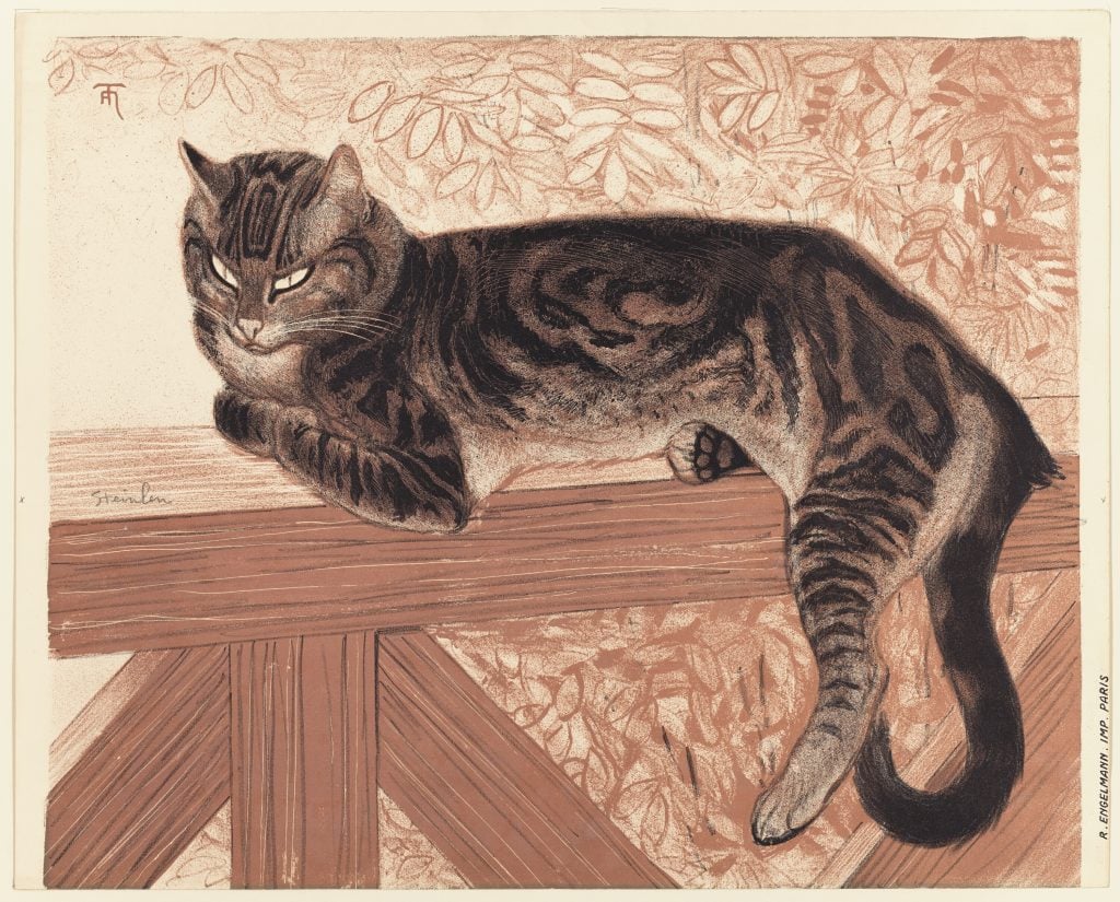 A print of a gray tabby lounging on a porch railing by Théophile Alexandre Steinlen.