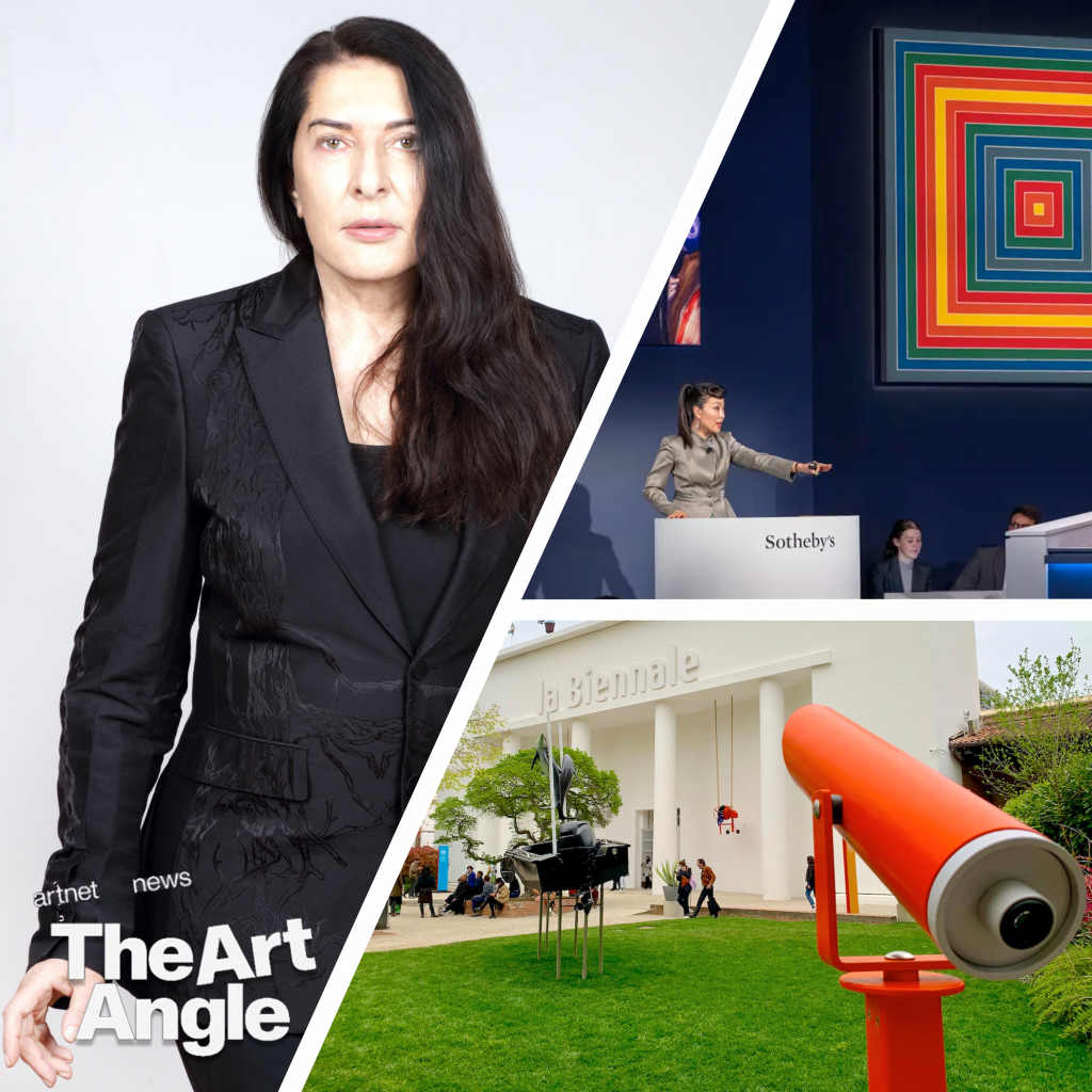 From left: Marina Abramović. Photo: Marco Anelli; Sotheby's December 2023 auction. Courtesy of Sotheby's; Cosima von Bonin for “The Milk of Dreams” at Venice Biennale 2022. Photo by Ben Davis.