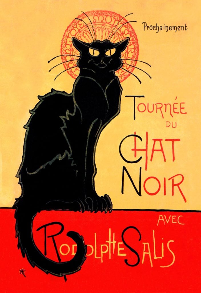 The iconic poster by théophile steinlen of a black cat with a red halo on a yellow ground next to text in french reading 