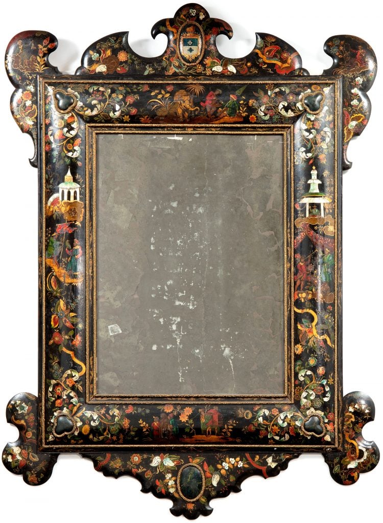 An Italian mother-of-pearl inlaid, polychrome japanned and ebonized pier mirror, Venice, ca. 1700. 