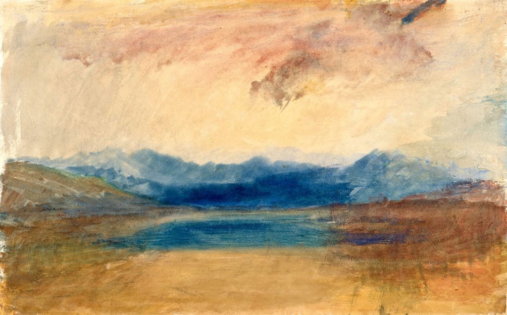 Joseph Mallord William Turner, Evening - Looking Across a Distant Lake to Mountains (ca. 1831) watercolor on paper.