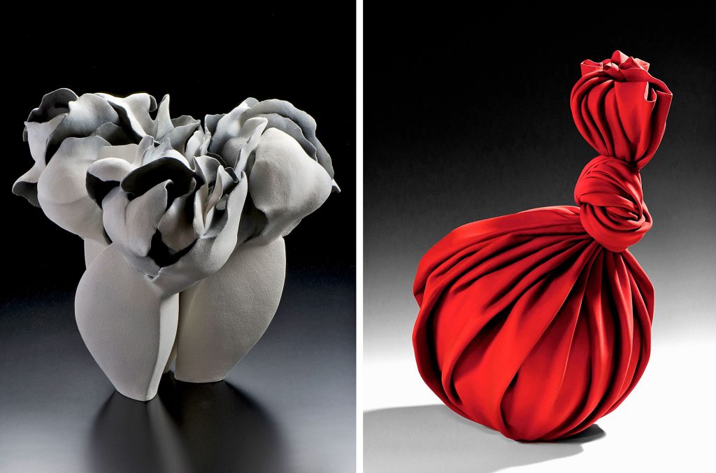 Fujino Sachiko, <em>Imagery '23-1</em> (2023), left, and a red ceramic sculpture (2023) resembling a bag by Tanaka Yū’s. 