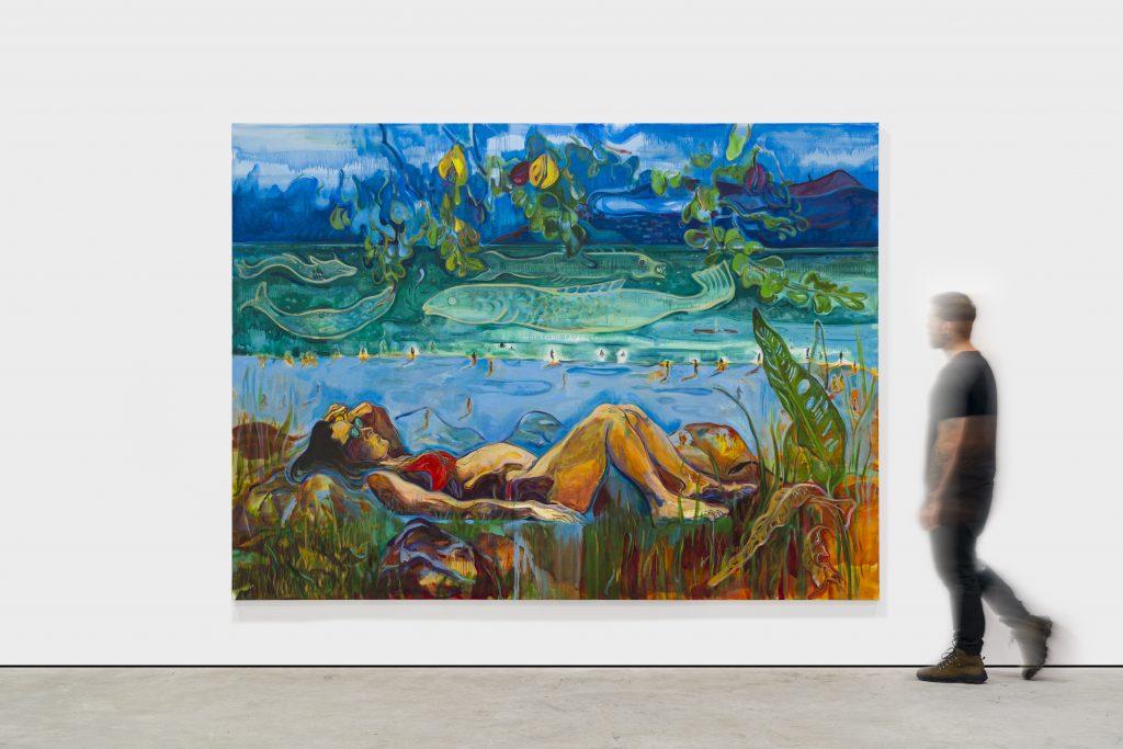 A painting of a woman reclining on a sea bed, with an abstracted depiction of the ocean behind her.