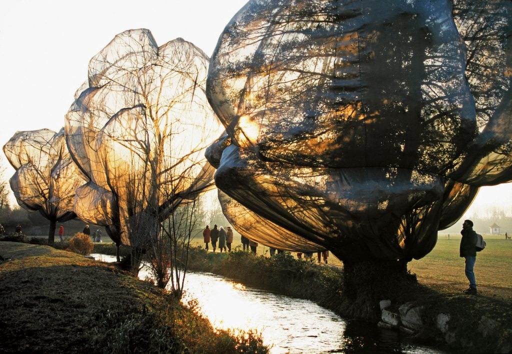 Christo and Jeanne-Claude <i>Wrapped Trees</i> , Fondation Beyeler and Berower Park, Riehen, Switzerland, 1997-98. Photo: Wolfgang Volz © 1998 Christo and Jeanne-Claude Foundation