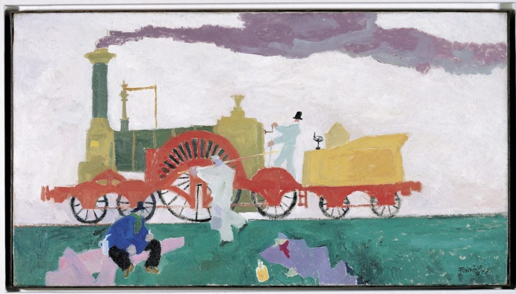 Lyonel Feininger, Die Lokomotive mit dem großen Rad (1910). Courtesy Albertina, Wien - Sammlung Batliner.