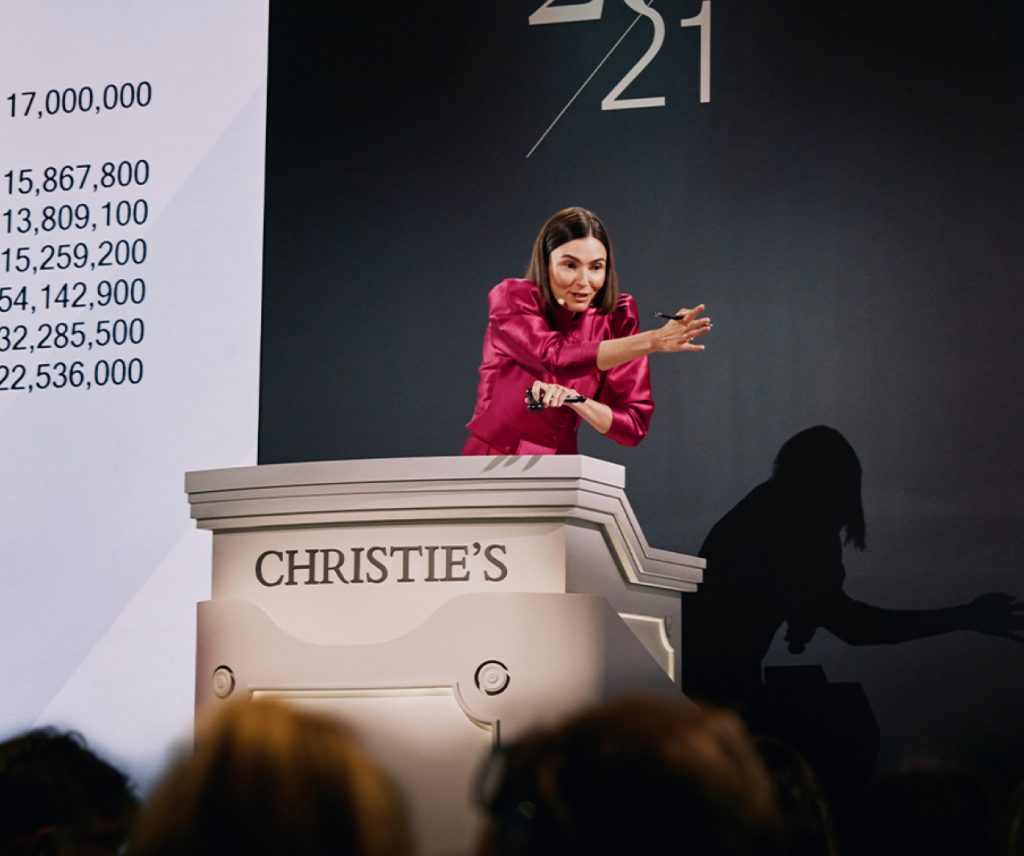 Auctioneer Georgina Hilton sold the top lot of Christie’s 21st Century Evening Sale, Cy Twombly’s <em>Untitled (Bacchus 1st Version II)</em> (2004), on November 7, 2023. Christie’s Images Ltd. 2024.