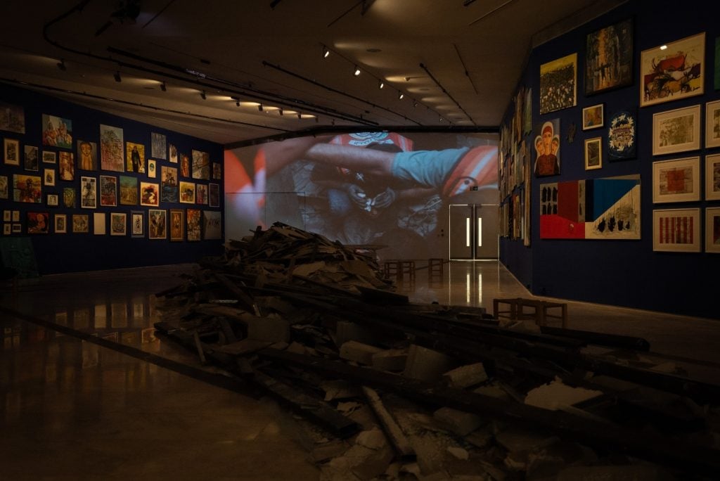 Installation view of an exhibition at the Palestinian Museum in West Bank.