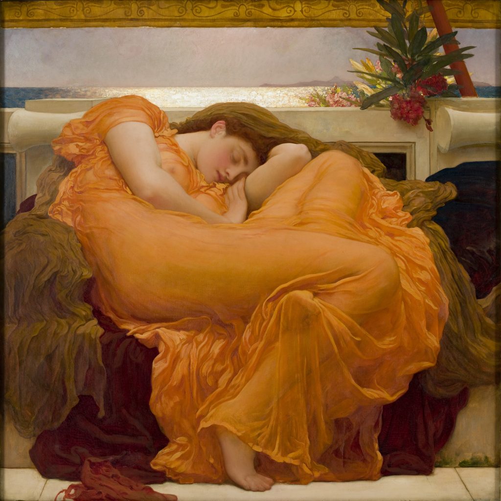 The image is a painting of a woman wearing an orange dress lying on a bed.
