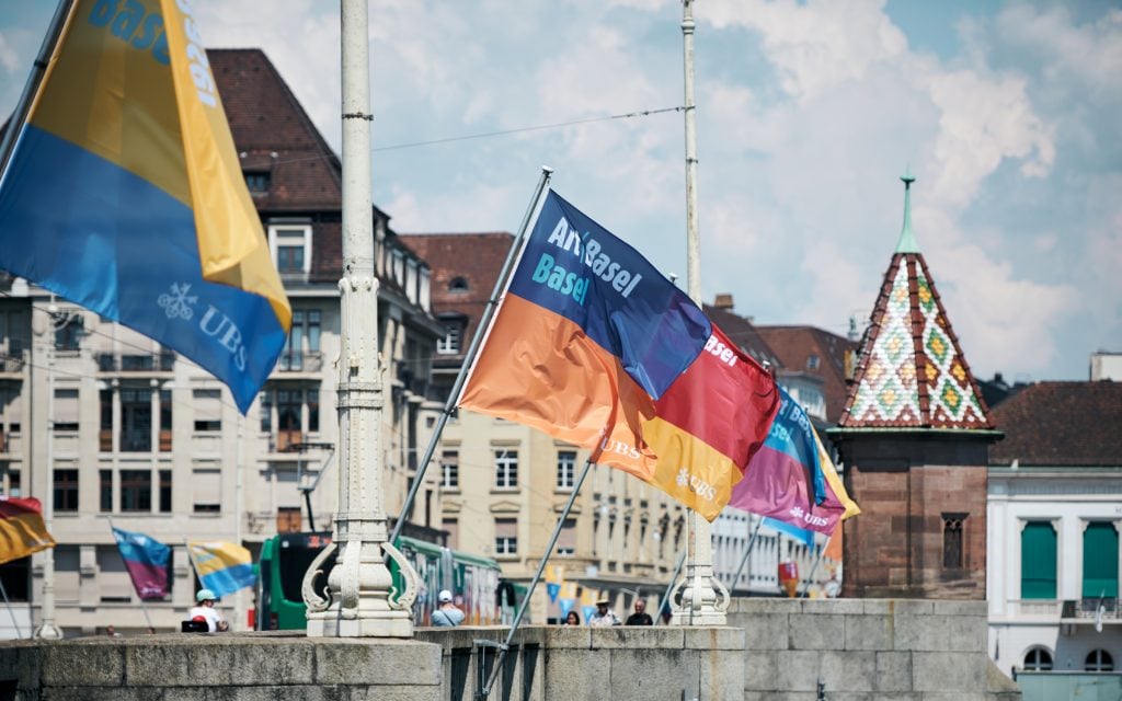 Art Basel fair flags fly in Basel.