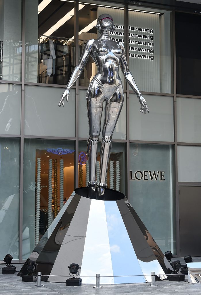 Hajime Sorayama's "Sexy Robot Floating" installation floating in displayed at Shibuya Parco flagship store, 2020 in Tokyo, Japan. Photo by Jun Sato/WireImage.