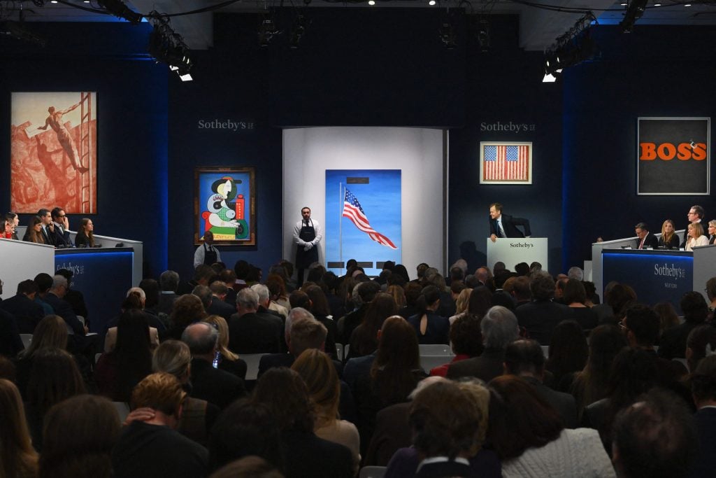 Sotheby's auctioneer Oliver Barker takes bids during Sotheby's auction of Emily Fisher Landau collection in New York City on November 8, 2023.