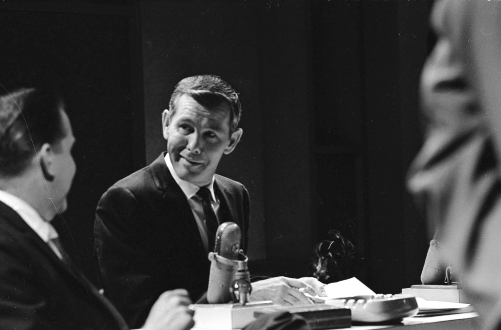 A black-and-white picture of Johnny Carson, famed host of the "Tonight Show" on NBC. Photo taken in 1964.