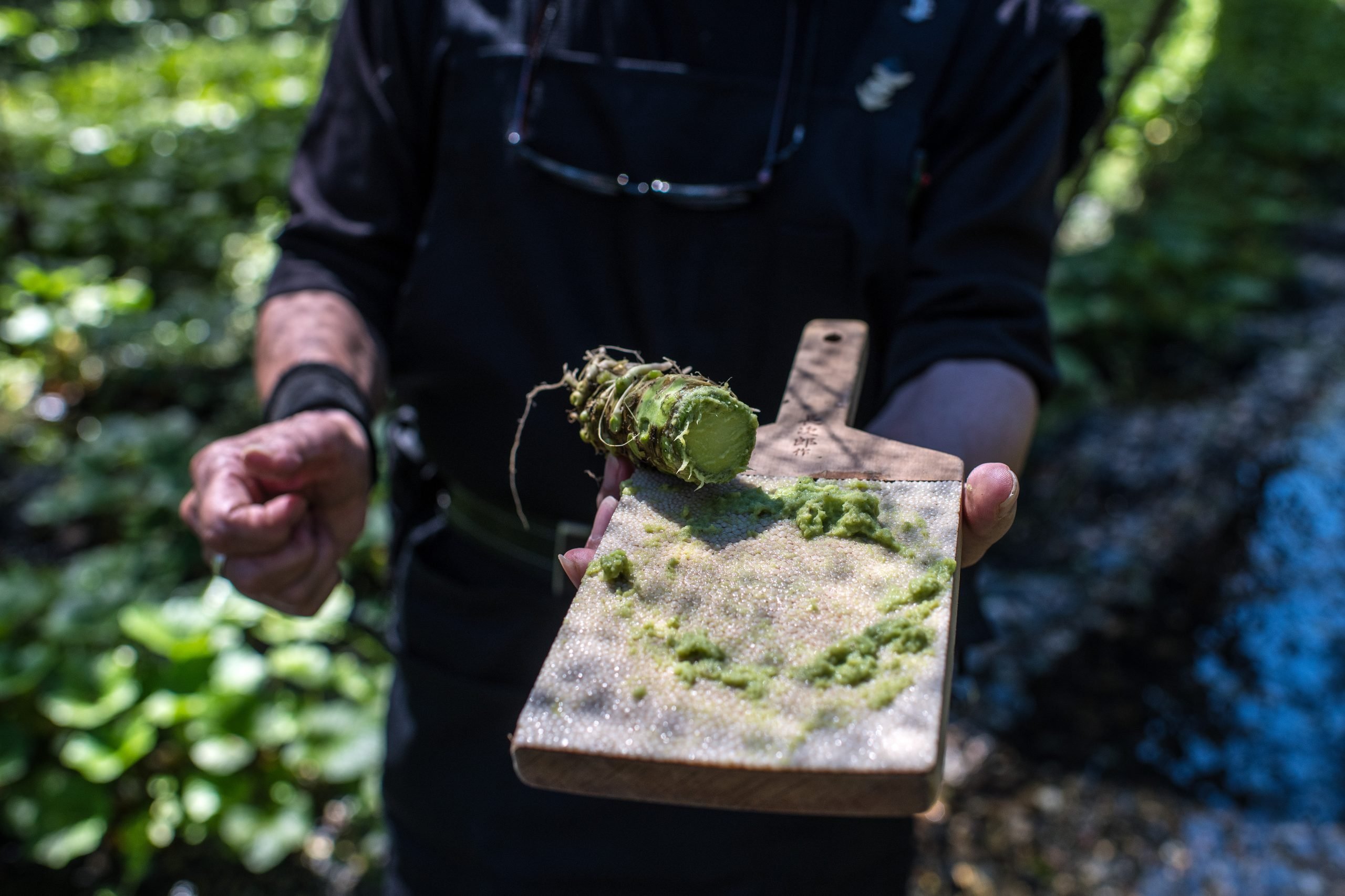 The image is a close up of some hands holding out a chopping board. On the board is a brown and green wasabi root, which the person appears to have grated to produce a green paste.