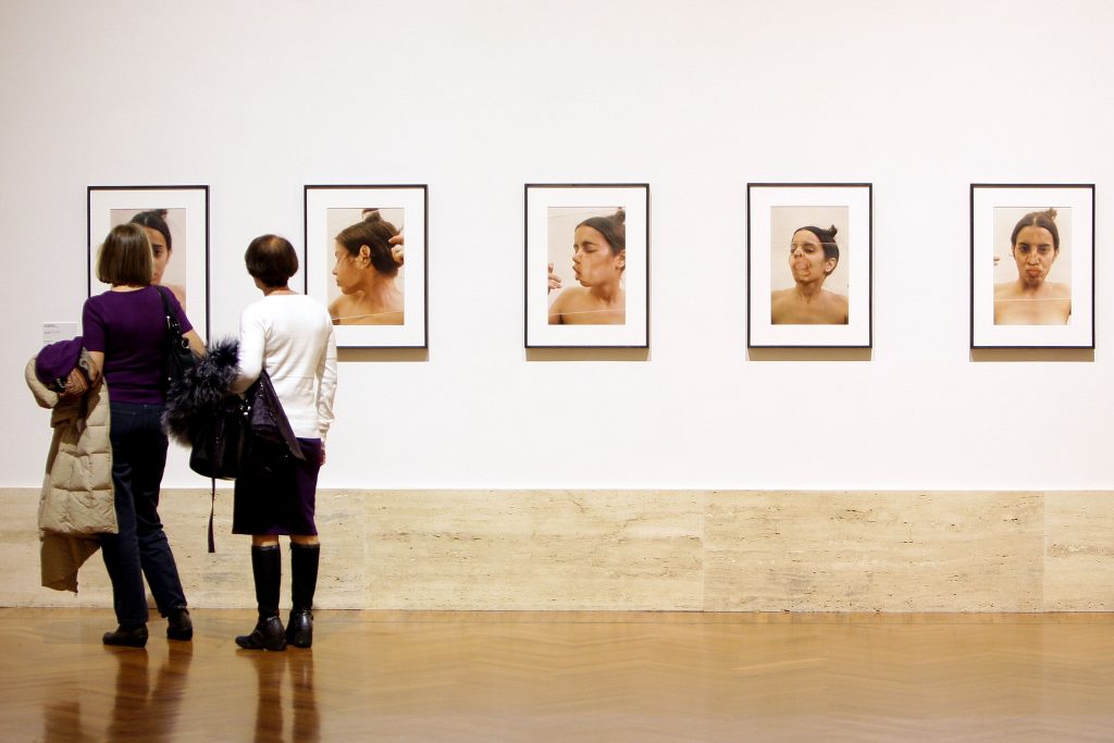 Photographs by Ana Mendieta are shown at the Galleria Nazionale D'Arte Moderna in Rome, Italy. Photo by Franco Origlia/Getty Images.