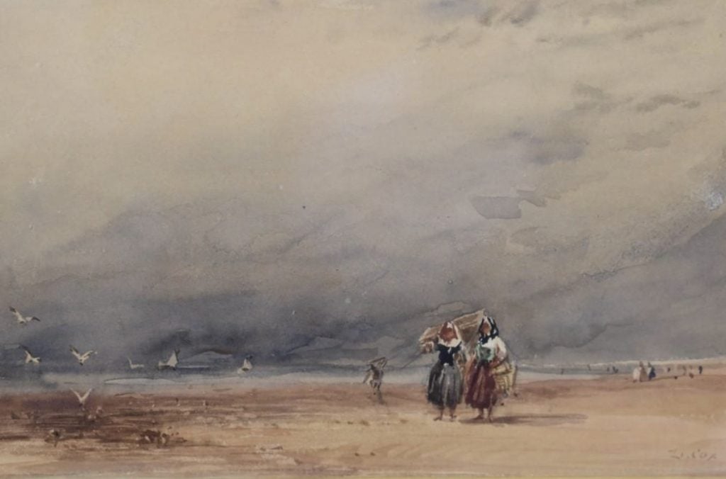 A landscape painting titled 'Lancaster Sands' by British artist David Cox.