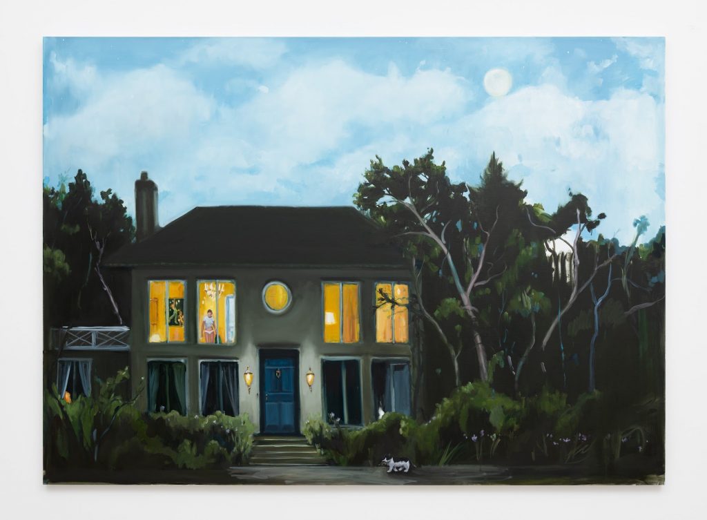 A painting of a dark house illuminated from the inside by lamp glow, set jarringly against a clear blue sky with fluffy white clouds. Through one window, the silhouette of a young girl is visible, and a cat runs across the foreground on the sidewalk.