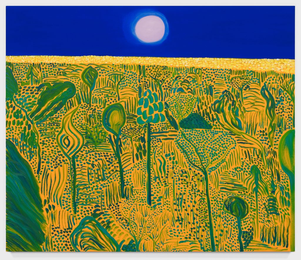 an abstracted foreground of yellow and green grass and dirt takes up three-quarters of the canvas, with the top quarter painted in a deep cerulean blue with an illuminated moon in the sky.