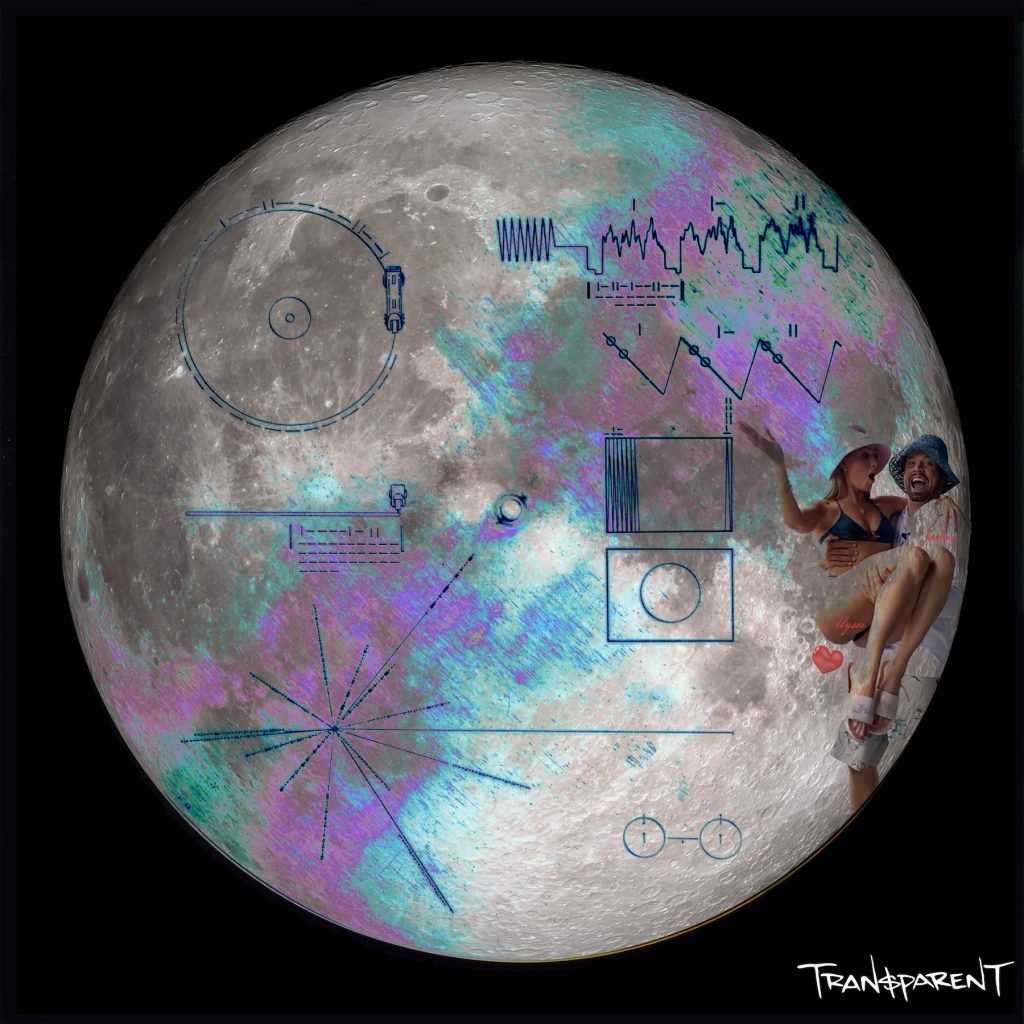 An image of a couple embracing layered over a large image of the moon
