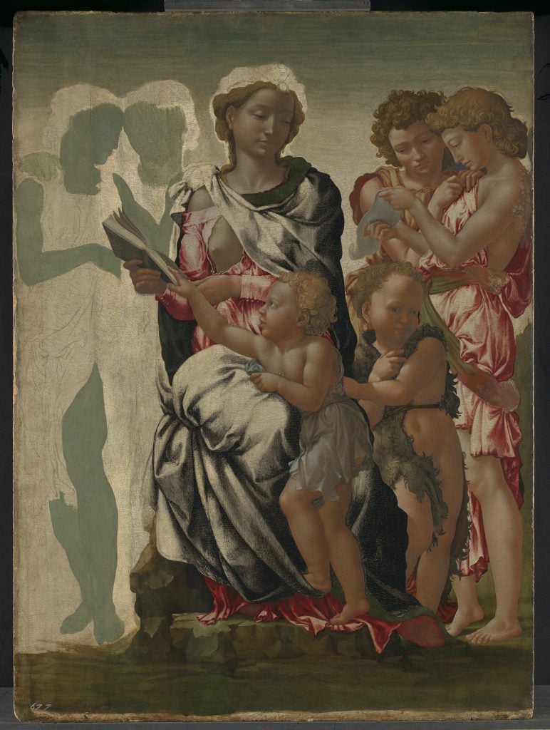 Michelangelo, The Virgin and Child with Saint John and Angels ('The Manchester Madonna'), about 1494 © The National Gallery, London