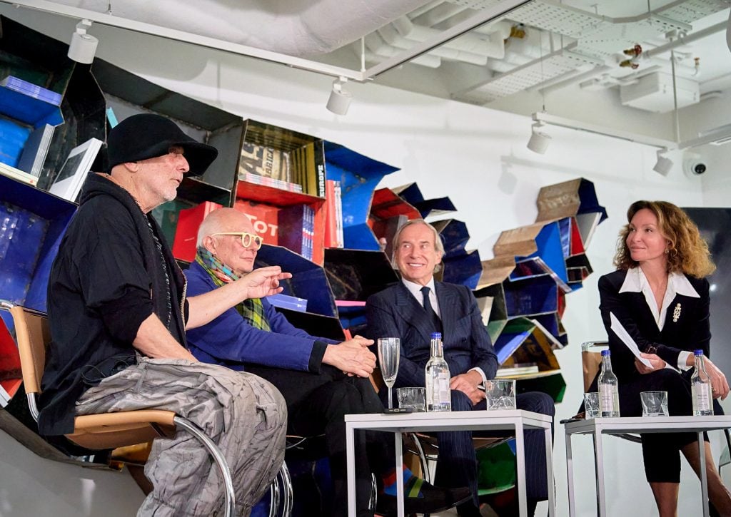 Three Days in Dakar: A panel discussion featuring (L-R) Ron Arad, Rolf Sachs, Simon de Pury, moderated by Isabelle de la Bruyére on January 24, 2024 at Opera Gallery London PHOTO CREDIT: Josh Caius Photography