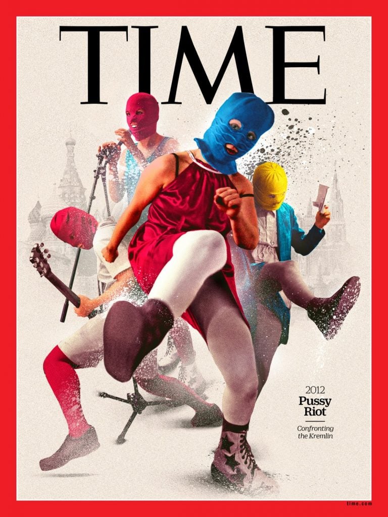 Pussy Riot group posing riotously on the cover of TIME magazine.
