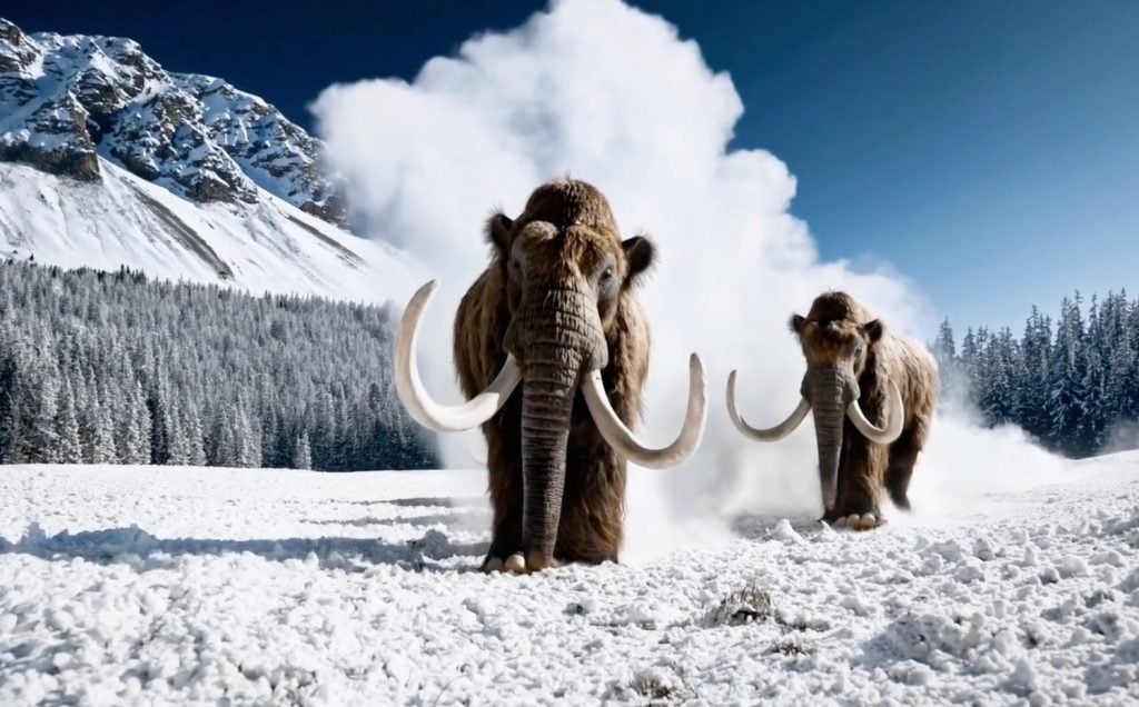 An AI-generated image of several giant wooly mammoths treading through a snowy landscape.