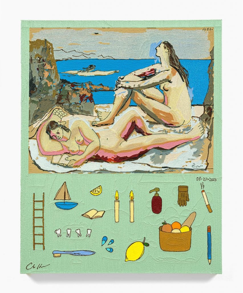 A painting of two nude women lounging at a beach with A.I.-generated images of a lemon, sailboat, ladder, teeth, and toothbrush painted below. 
