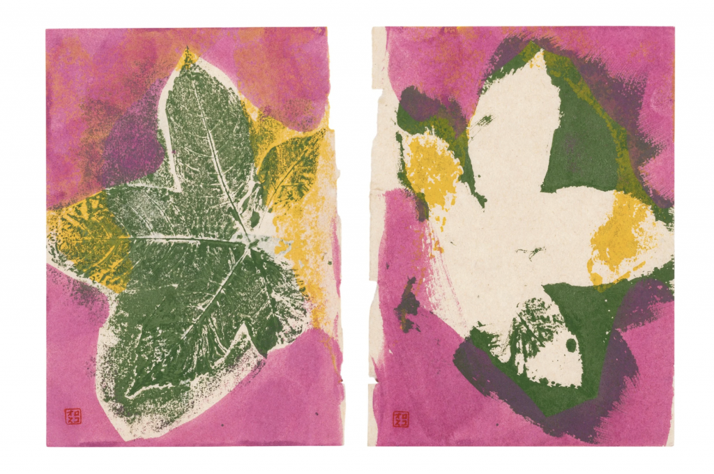 painting by gabriel orozco of green leaf imprints with brushed pink background