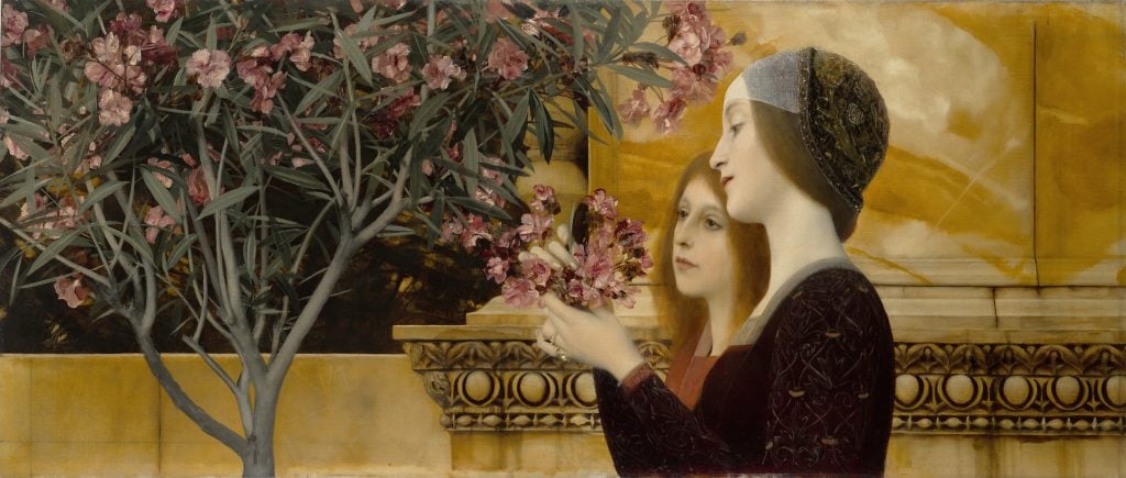 paiting by gustav klimt of two girls holding and looking at pink oleander flowers