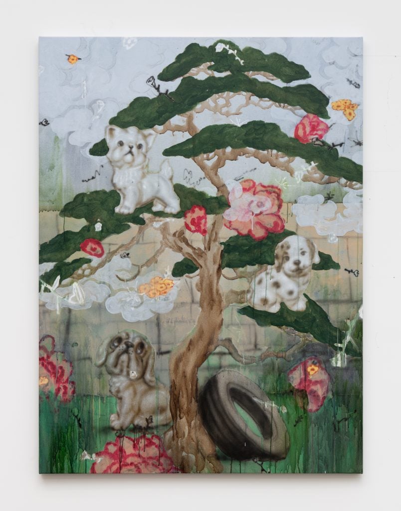 painting of cats and dogs on a bonsai tree with pink flowers