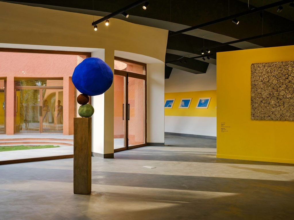 Installation View of “Right Foot First” with works by Annie Morris (left), Rohini Devasher (center) and Manish Nai (right). 