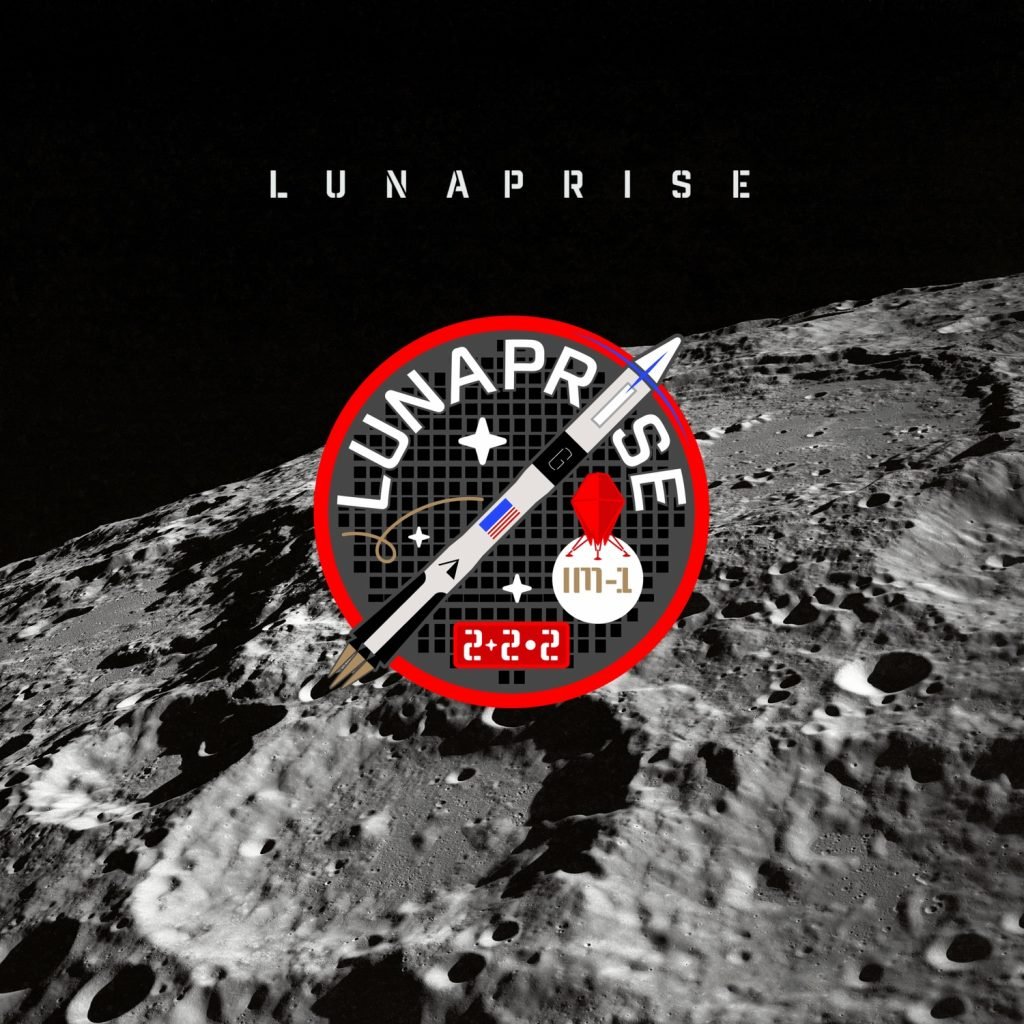 A graphic of a rocket and the word LUNAPRISE over a lunar landscape