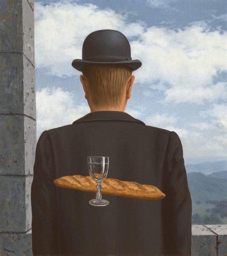 A painting of a man with his back turned to the viewer, facing clouds,in a bowler hat with a baguette and a wine glass, by Rene Magritte.