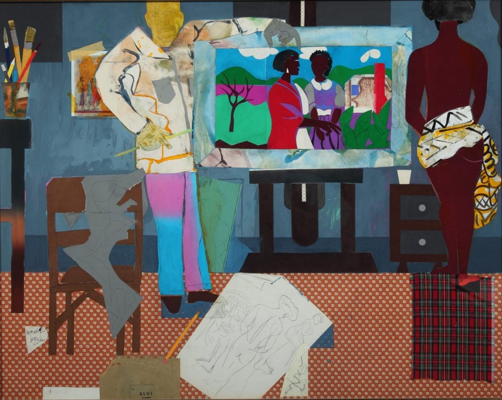A colorful collage painting by Romare Bearden depicts an artist and model in front of a canvas.