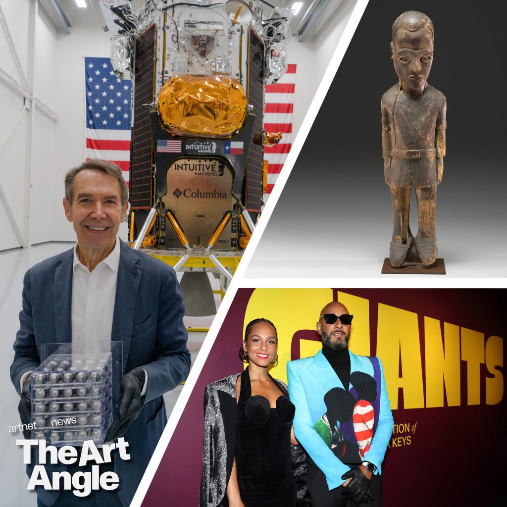 collage with thre sections featuring jeff koons, alicia keys, swizz beats and a sculpture