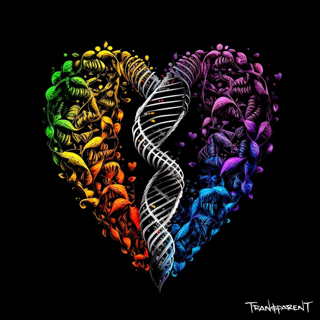 A rainbow-colored heart woven from DNA helixes