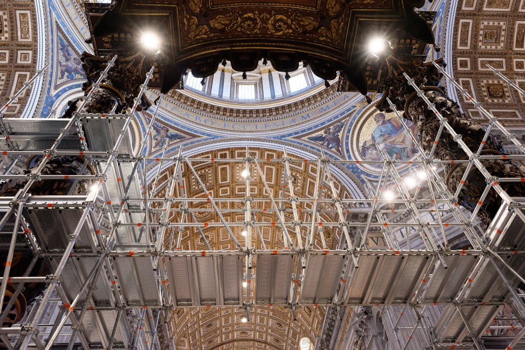 Workmen are mounting scaffolding around the 17th century bronze canopy on Wednesday, February 21, 2024. Photo by Massimo Valicchia/NurPhoto via Getty Images.