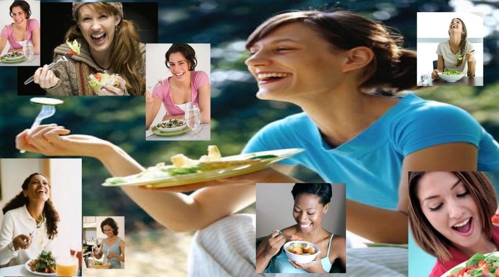 Women Laughing Alone Eating Salads photo montage