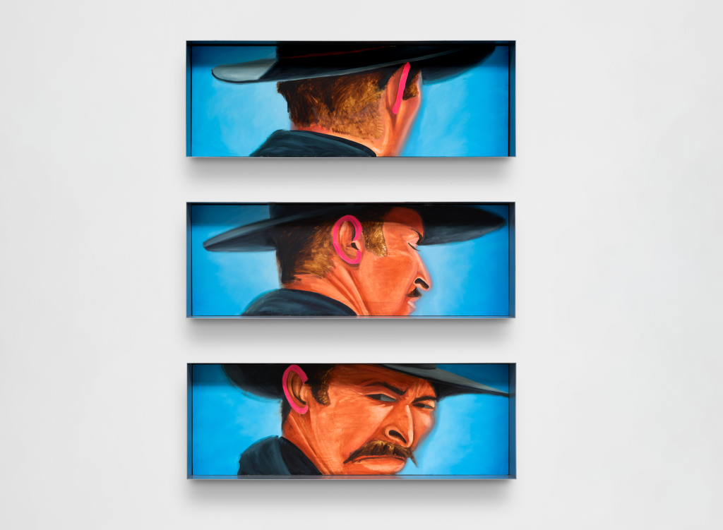 triptych painting of a man sporting a mustache wearing a black cowboy hat with a pink ear