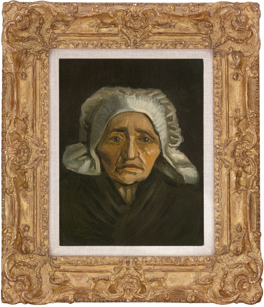 The image is a painting of a peasant woman by Van Gogh, depicting a human face in an ornate gold picture frame.