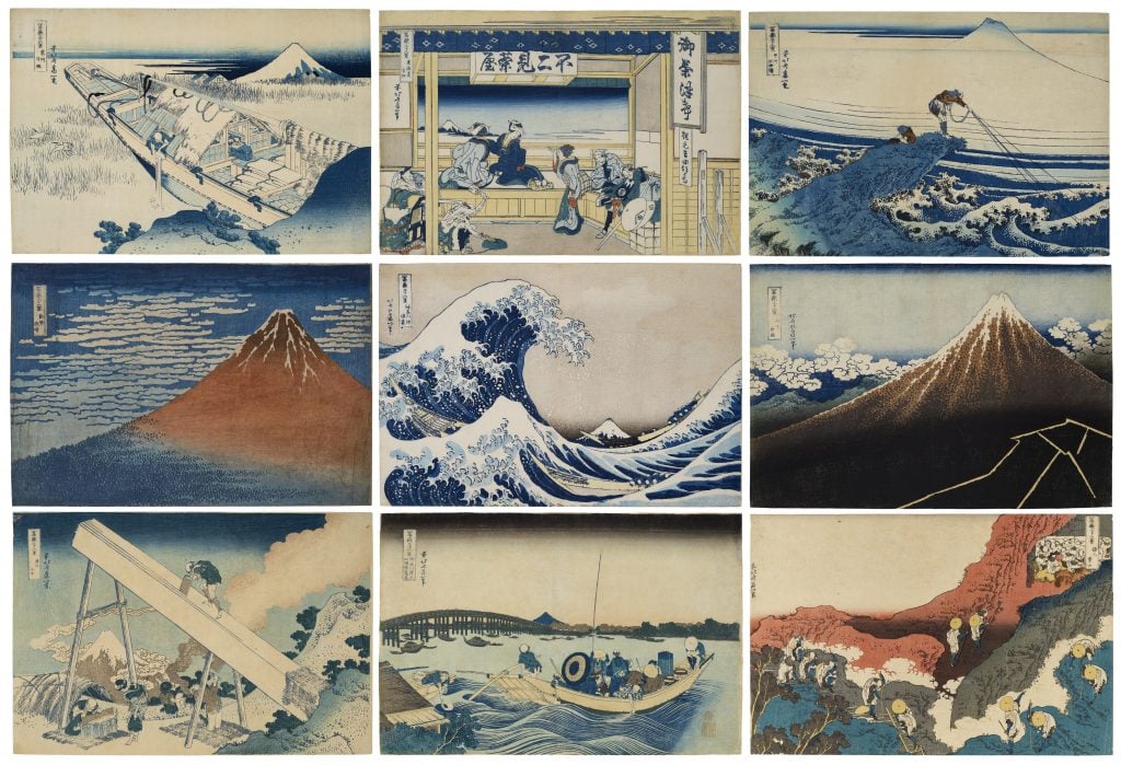 The content describes prints by Japanese artist Hokusai featuring a series of photos of different mountains. The prints are part of the series 