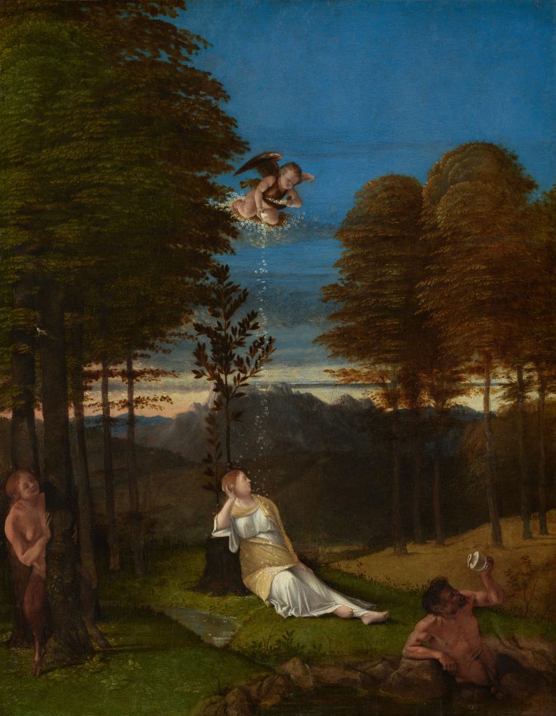 A painting of a woman lying in a sparse woods, with a cherub sprinkling glitter on her.