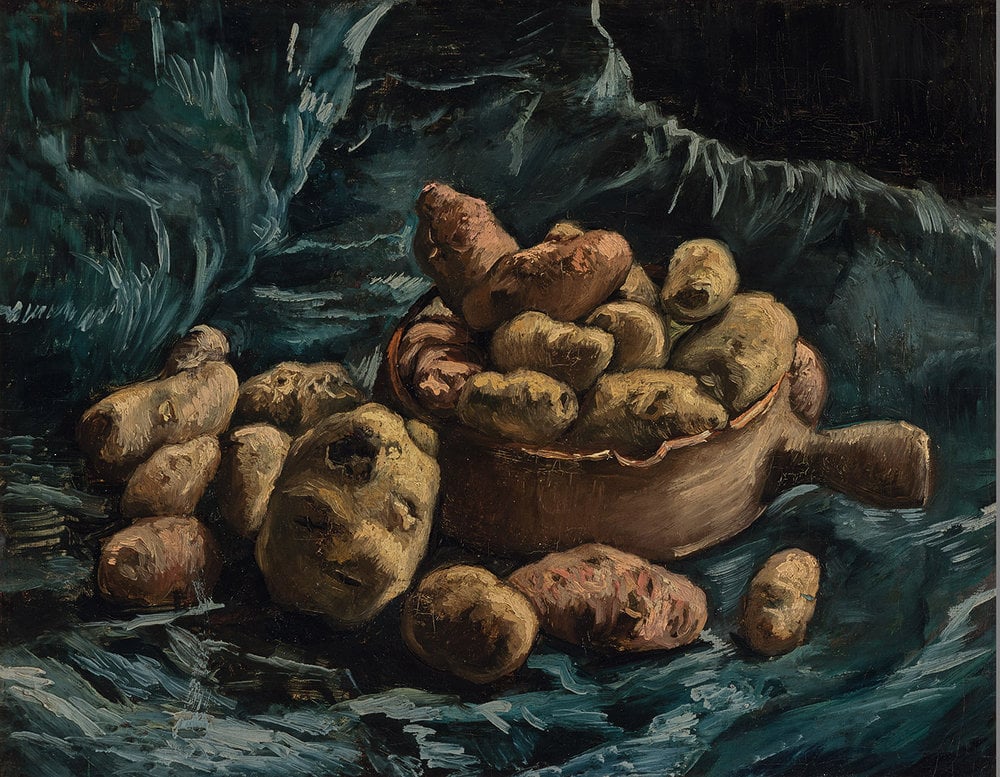 The image is a painting of potatoes by Van Gogh, depicting a group of brown objects on a wooden surface. The artwork falls under the category of still life in art.