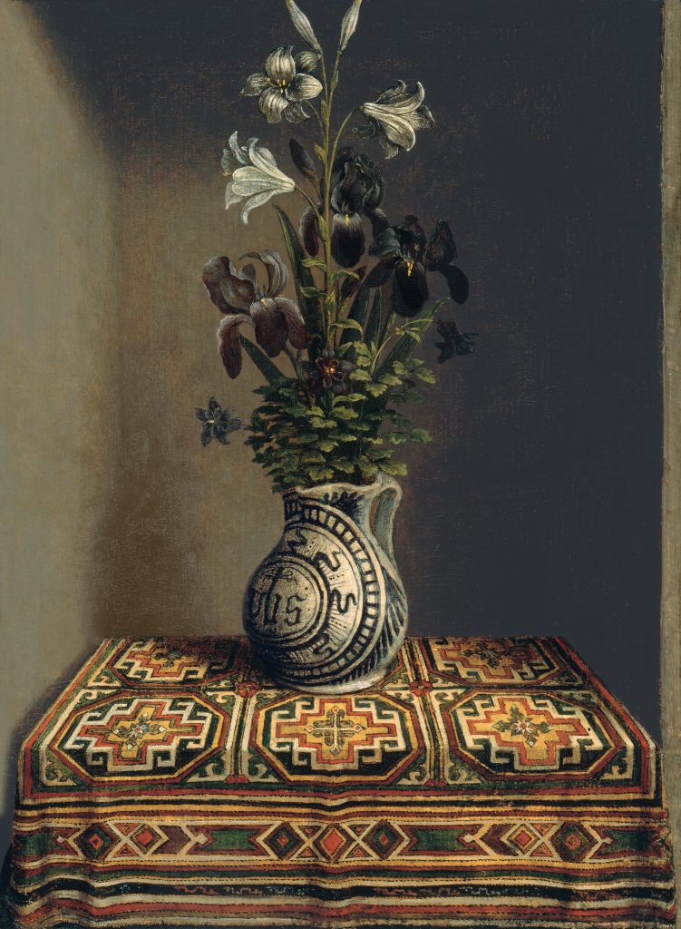 A still-life painting of a vase holding flowers.