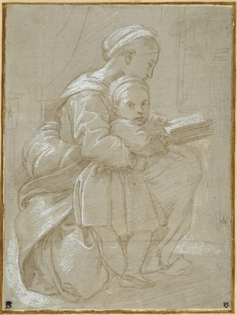 a delicate sketch of a woman holding her young child that turns to look at us.