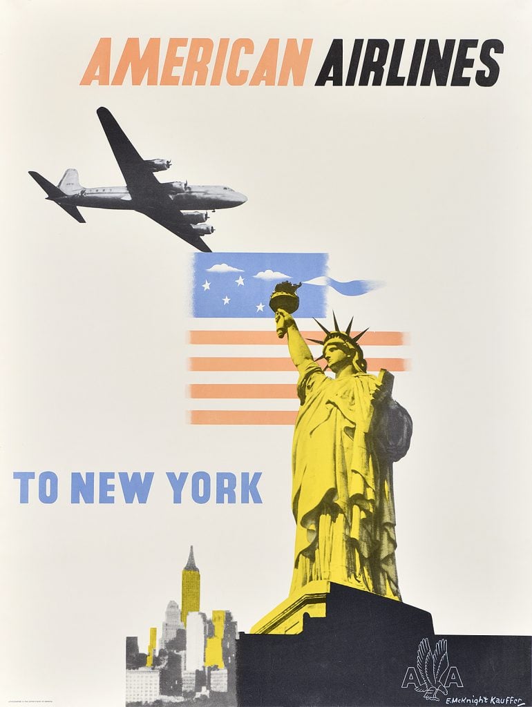 American Airlines poster from 1948 showing an airplane and the Statue of Liberty